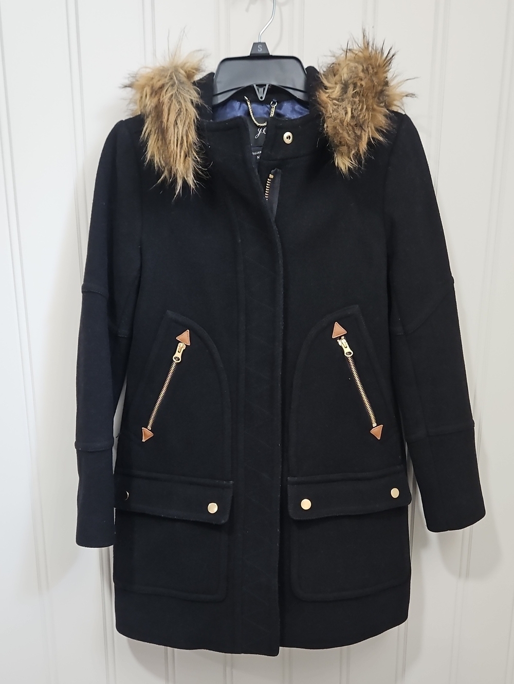 J. Crew Italian Stadium Cloth Nello Gori Black Wool Parka Pea Coat Size 0